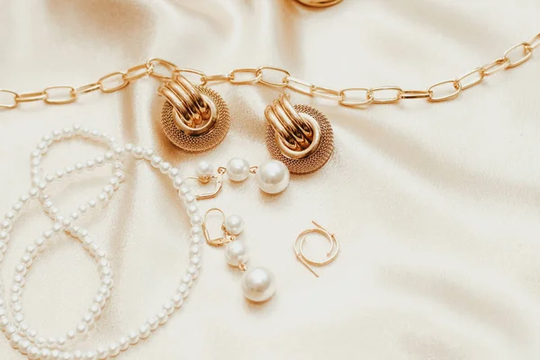Women Jewelry Gold Chain Trendy Jewelry Silk Background Stock Picture