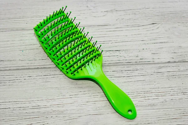 Massage Light Green Hair Brush Wooden Background — Stock Photo, Image