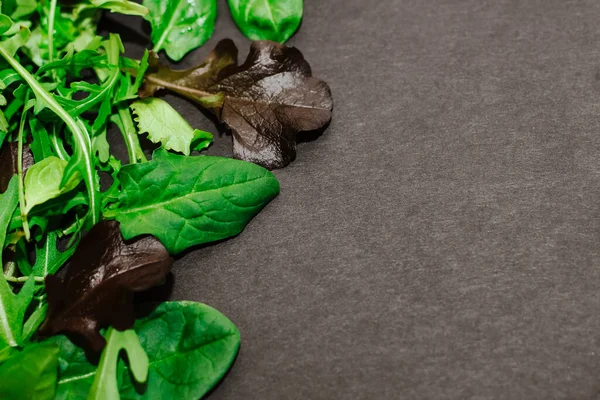 Mix Lettuce Leaves Different Types Black Table — Stock Photo, Image