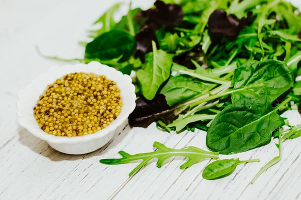 Grain Mustard Green Leaf Salad Dressing White Bowl — Stock Photo, Image