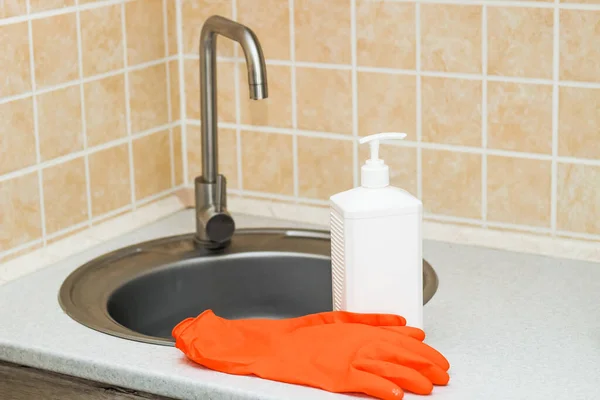 Kitchen Sink Faucet Gloves Cleaning Detergent — Stock Photo, Image