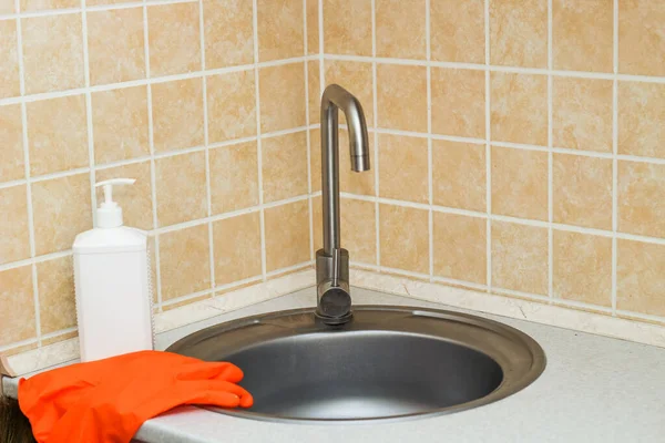 Kitchen Sink Faucet Gloves Cleaning Detergent — Stock Photo, Image