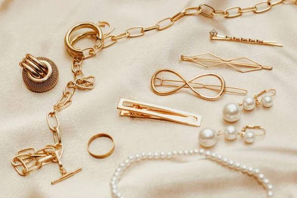 Women Jewelry Gold Chain Trendy Jewelry Silk Background Stock Photo
