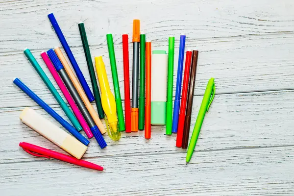 Stationery Colored Felt Tip Pens White Table — Stock Photo, Image