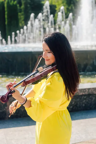 드레스에 어두운 머리를 예술가는 콘서트 바이올린을 — 스톡 사진