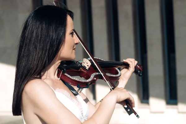 ドレスの暗い髪の女性アーティストは 木製のコンサート電動バイオリンを果たしています — ストック写真