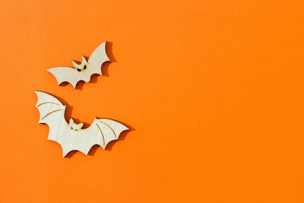 Wooden Toy Bats Orange Background Halloween Concept — Stock Photo, Image
