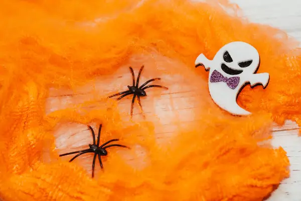 Toy Halloween Pumpkins Felt Faux Spider Web Festive Decor Party — Stock Photo, Image