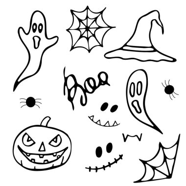 Cadılar Bayramı temasında karalama tarzında ögeler kümesi