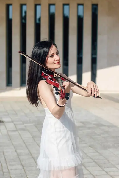 Mulher Artista Com Cabelo Escuro Vestido Toca Violino Elétrico Concerto — Fotografia de Stock