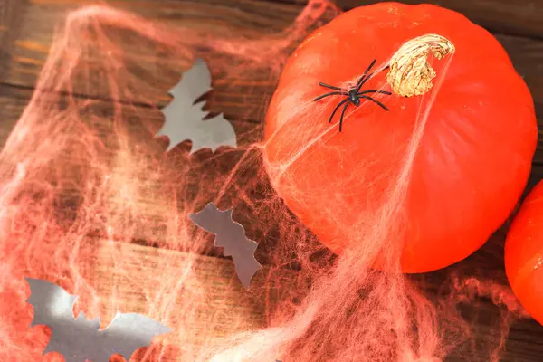 Pumpkin Spiders Cobwebs Wooden Table Halloween Concept — Stock Photo, Image