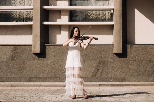 Uma Artista Mulher Com Cabelo Escuro Vestido Detém Violino Elétrico — Fotografia de Stock