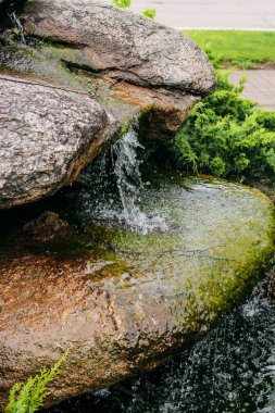 Bahçe yeşili bir bahçede taşlardan ve çiçeklerden oluşan yapay bir şelale.