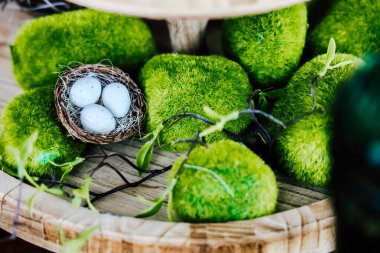 Yeşil yosun, ahşap bir tepside sanatsal olarak sergilenen üç benekli yumurta içeren küçük bir kuş yuvası için yumuşak bir zemin oluşturur..