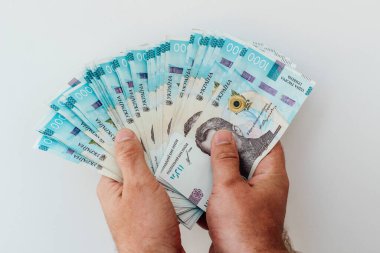 Renkli tasarım ve mezheplerin detaylarını gösteren birden fazla Ukrayna banknotunu tutan elleri kapat.