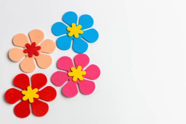 Pastel renkte çeşitli köpük çiçekleri beyaz bir yüzeye yerleştirilmiştir..