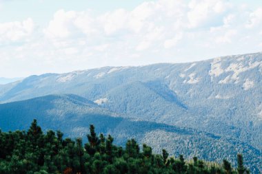Yoğun ormanlarla kaplı uçsuz bucaksız dağ sıraları mesafeye kadar uzanıyor. Yumuşak bulutlar açık bir günde açık mavi gökyüzünde dağılır..