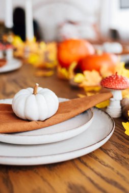 Güzel bir masa beyaz balkabaklarıyla renklendirilir ve kırsal sofra takımı sonbaharın özünü yakalar..