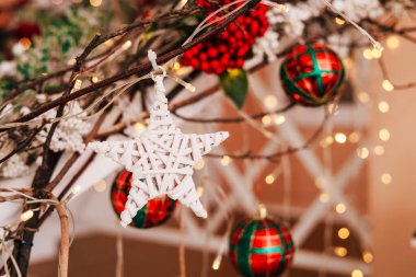 Parlak kırmızı süslemelerle süslenmiş bir dala asılı beyaz bir örgü yıldız..