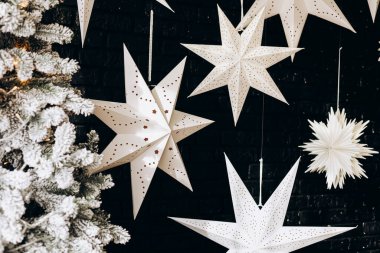 Delinmiş tasarımları olan narin beyaz yıldızlar koyu bir arkaplanda zarafetle sallanırlar. Buzlu bir ağaç dalı, sıcacık tatil ortamını güzelleştiren bir kış cazibesi katar..