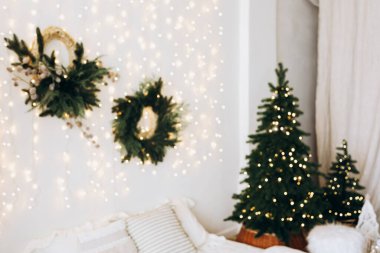 Sıcak ve davetkar bir oturma odası yemyeşil çelenkler ve parıldayan ışıklarla süslenir. İki Noel ağacı, yumuşak parıltıya karşı parıldıyor ve kutlamalara uygun şenlikli bir atmosfer yaratıyor..