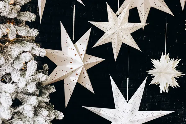 Delinmiş tasarımları olan narin beyaz yıldızlar koyu bir arkaplanda zarafetle sallanırlar. Buzlu bir ağaç dalı, sıcacık tatil ortamını güzelleştiren bir kış cazibesi katar..