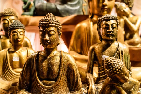 Collection Bronze Seated Buddha Statues Display Store Different Sizes Designs — Stock Photo, Image