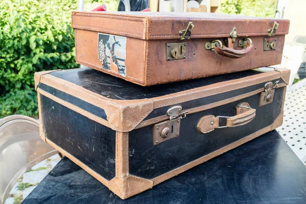 Stacked Pile Two Old Rectangular Suitcases Fasteners Open Top Black — Stock Photo, Image