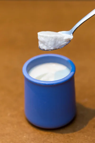 Ложка Голубом Порту Органического Йогурта — стоковое фото