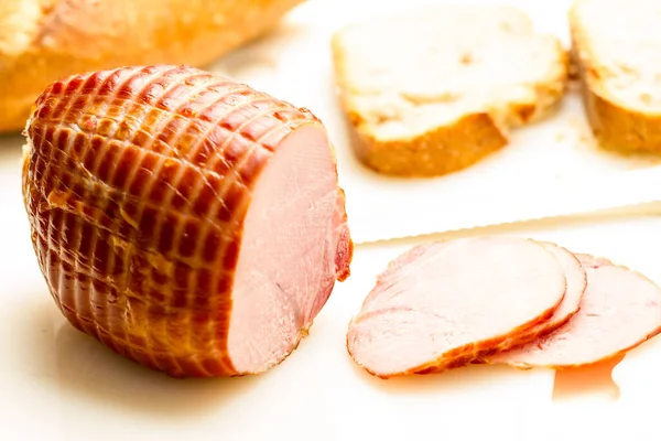 Rolled Cured Ham Sliced Sandwiches Fresh White Sliced Baguette Background — Stock Photo, Image