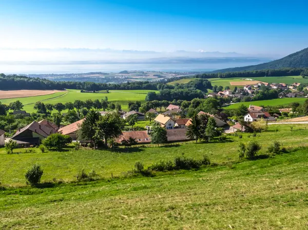Szenische Ansicht Eines Ländlichen Dorfes Der Schweiz Mit Grünen Wiesen — Stockfoto