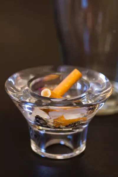 Pile Cigarette Butts Glass Ashtray — Stock Photo, Image