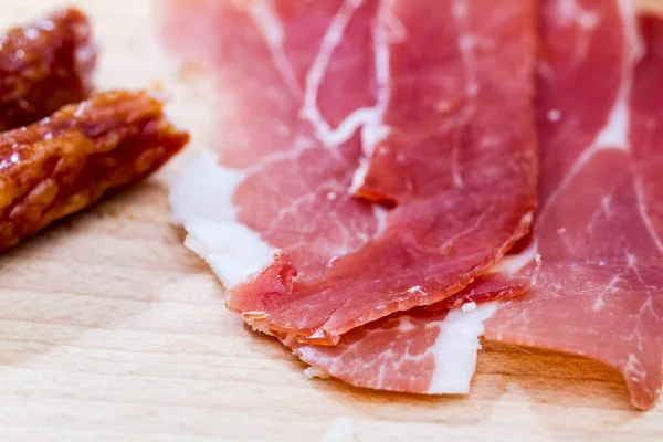 Closeup Thinly Sliced Uncooked Ham — Stock Photo, Image