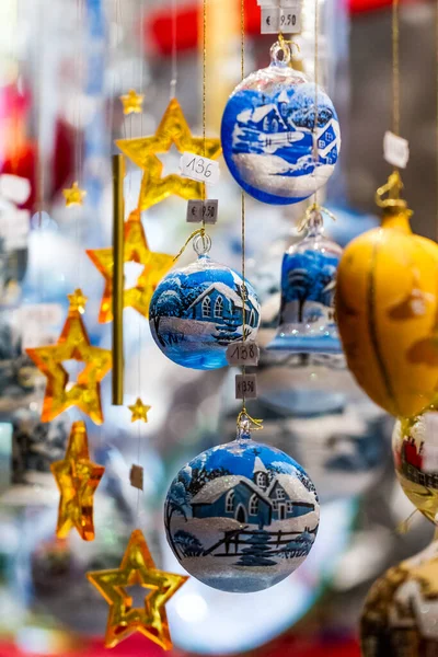 Assorted Colorful Christmas Decorations Hanging Shop Store Yellow Stars Blue — Stock Photo, Image