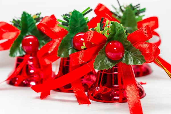 Close Still Life Group Shiny Red Bells Decorated Festively Christmas — Stock Photo, Image