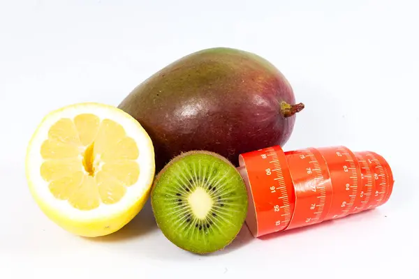 Lemon Kiwi Mango White Background Whit Orange Meter — Stock Photo, Image