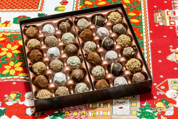 Box Chocolate Candies Truffles Christmas Cloth — Stock Photo, Image
