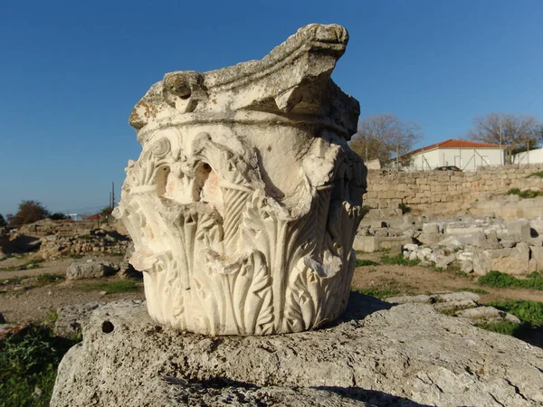 Detalj Forntida Kolonn Akrokorint Akropol Korint Korinthien Grekland — Stockfoto