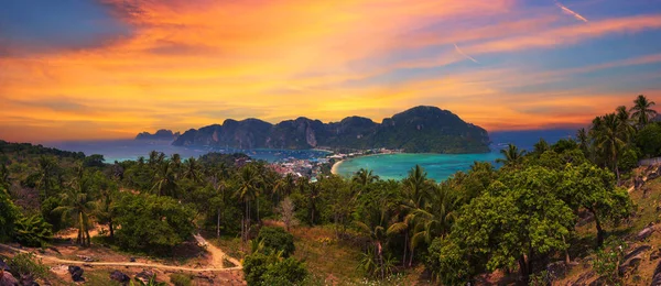 Coucher Soleil Panoramique Sur Village Tonsai Les Montagnes Île Koh — Photo