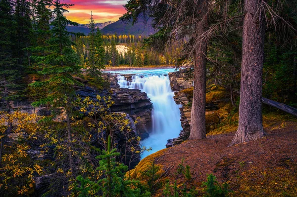 Sonnenuntergang Über Den Athabasca Falls Oberen Athabasca River Jasper National — Stockfoto