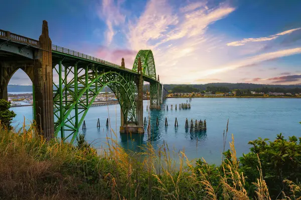Tramonto Sul Ponte Yaquina Bay Newport Oregon Ponte Della Baia — Foto Stock