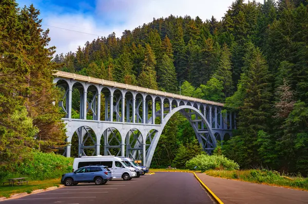 Arched bridge on the Oregon Coast Highway near Heceta Head Lighthouse, Oregon, surrounded by dense forests and Heceta beach.