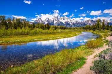 Snake river with a clear view of the Grand Tetons, alongside a walking trail in Schwabacher Landing, Grand Teton National Park, Wyoming, USA. clipart