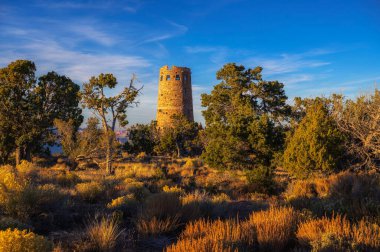 Arizona, ABD 'de günbatımında Grand Canyon South Rim' deki ağaçlar arasında Desert View Watchtower