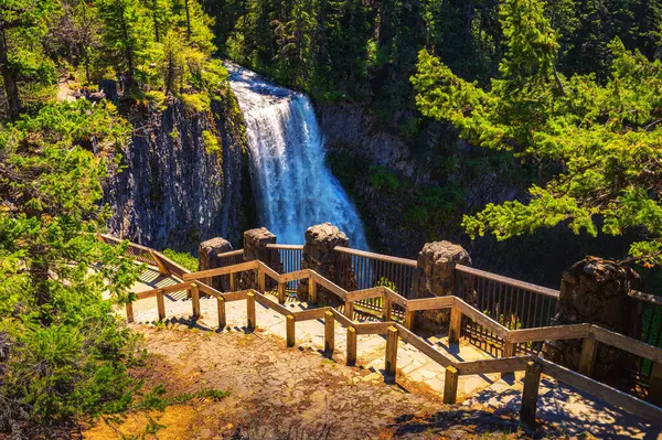 盐溪瀑布 Salt Creek Falls 位于美国俄勒冈州喀斯喀特山脉的威拉米特国家森林 Willamette National Forest 有一个木制栏杆 它是俄勒冈州第二高的瀑布 图库照片