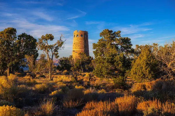 Desert View Watchtower Trees Grand Canyon South Rim Sunset Arizona Stock Photo