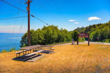 Sekiu, Washington, ABD - 11 Haziran 2023: Sekiu Hoş Geldiniz Washington eyaletindeki Juan de Fuca Hwy Boğazı boyunca bir balık heykeli, piknik masaları, Pasifik Okyanusu ve yeşillik.