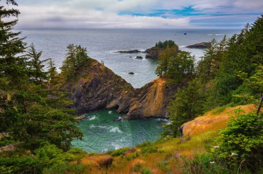 Oregon sahilindeki Doğal Köprüler 'in engebeli uçurumları, yemyeşil alanları ve Pasifik Okyanusu' nun manzarası..