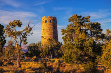 Arizona, ABD 'de günbatımında Grand Canyon South Rim' deki ağaçlar arasında Desert View Watchtower