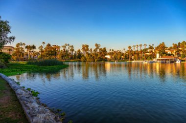Los Angeles, Kaliforniya 'da pedal botları ve palmiye ağaçları olan Echo Park Gölü, gün batımında fotoğraflandı.